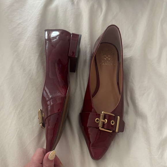 Vince Camuto Women's Burgundy Patent Pointed Flats with Gold Buckle - Picture 2 of 4